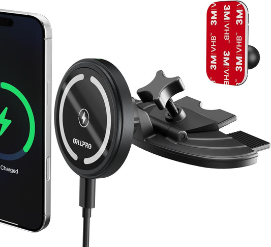 OHLPRO 15W Magsafe Car Mount Charger for iPhone 16, Fast Wireless Charging Magnetic CD Slot Holder with 3M Adhesive Base for Dashboard, Aluminum Shell, Compatible with iPhone 16/15/14 Pro Max, Black