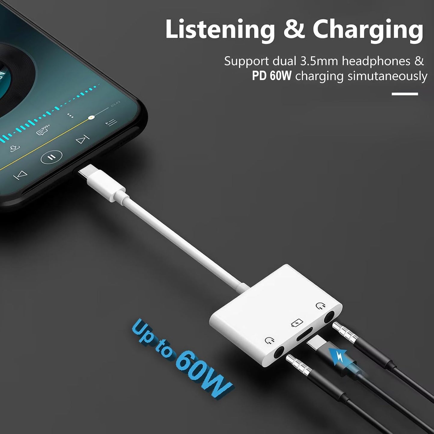 3-in-1 Aux to USB C Headphone Splitter USB-C to Dual 3.5mm Audio Adapter Dual Headphone Jack Adapter with PD Charging Compatible with iPhone 15/16, iPad Pro, Galaxy S25 Ultra, and More