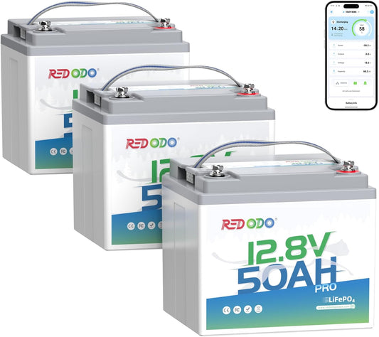 Redodo Smart Bluetooth 12V 50Ah LiFePO4 Lithium Battery for Trolling Motor, Low-Temp Protection, 10 Years Lifetime, Lightweight & Portable Perfect for RV, Solar, Boat Marine and Camping 3 Pack