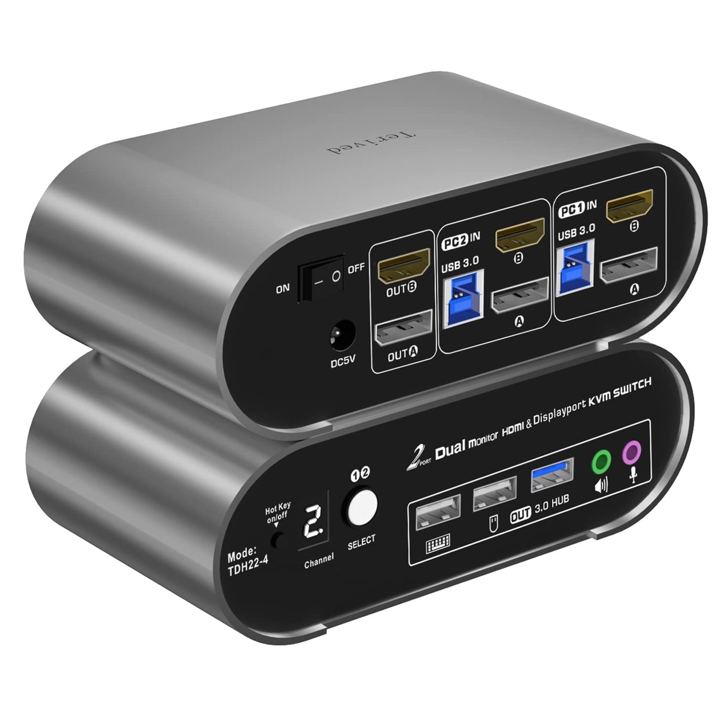 2 Computers 2 Monitors (HDMI + DP) Automatic KVM Switch, 4K@144Hz, 2K@240Hz, Hotkey Switching, Audio and Microphone Output, Aluminum Shell Digital Display, HDR10 with Cables