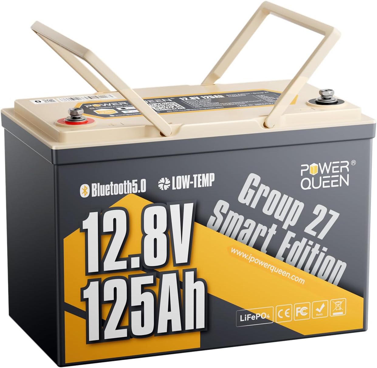 Power Queen 12V 125Ah Group 27 Bluetooth LiFePO4 Battery,1600Wh Energy Lithium Battery with Low-Temp Protection Max. 15000 Cycles for RV, Solar System, Trolling Motor