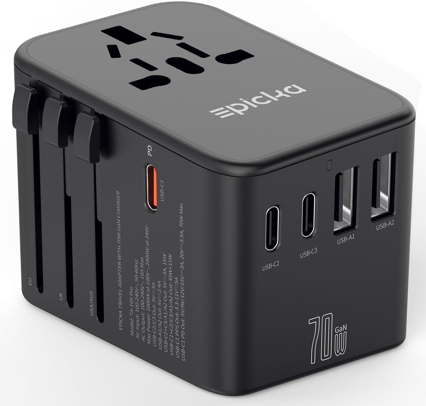 EPICKA Universal Travel Adapter, GaN International Plug Adapter with 3 USB-C 70W PD Fast Charging & 2 USB-A Adaptor All-in-one Wall Charger for USA EU UK AUS (TA-105 Pro, Black)