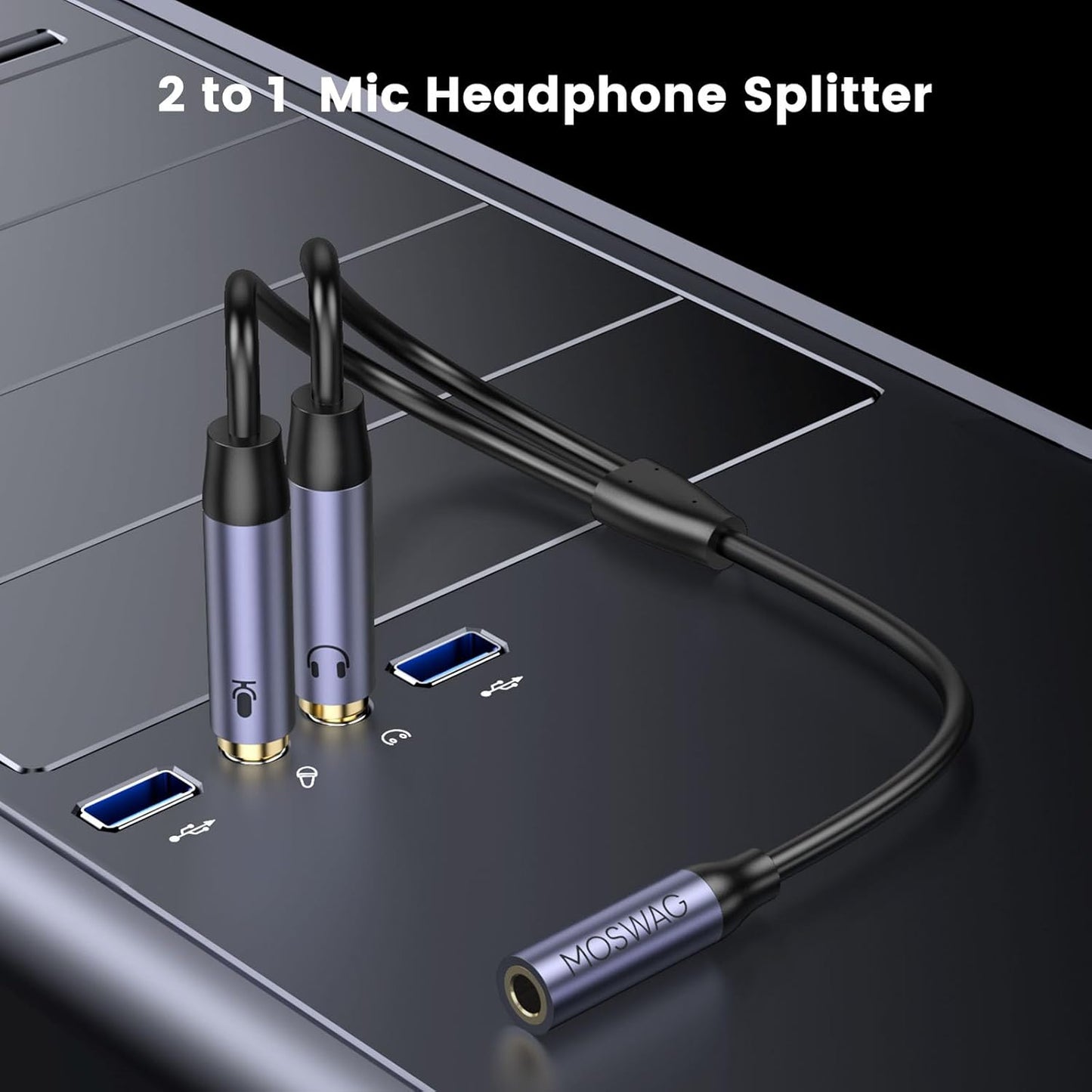 MOSWAG Headphone Splitter for Computer, 3.5mm Female to Dual 3.5mm Male Cable for PC Gaming, Headphone Mic Splitter for PC 24K Gold-Plated with Noise Cancellation for Laptop/Speakers/Mic【11inch/28cm】