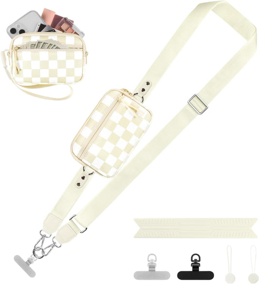 Clip and Go Strap for Phone with Wallet Crossbody, Adjustable Phone Lanyard with Detachable RFID Wristlet Wallet, Phone Strap with Phone Tabs for All Phones, Cream Checkered (M)