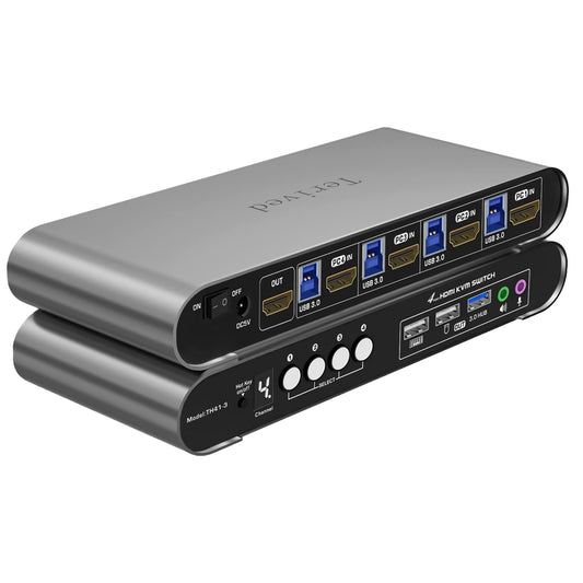 HDMI KVM Switch 4 in 1 Out with Hotkey Mouse Switching, Audio Mic Support, 4K@60Hz, USB 3.0 Hub, Digital Display, Terived Aluminum KVM with Cables Included
