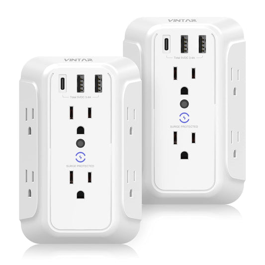 [2-Pack] USB Wall Charger,Surge Protector,6 Outlet Extender with 3 USB Charging Ports(1 USB C Outlet,3.4A) 900J Power Strip Multi Plug Outlets,Wall Mount Power Strip for Home Travel Office ETL Listed