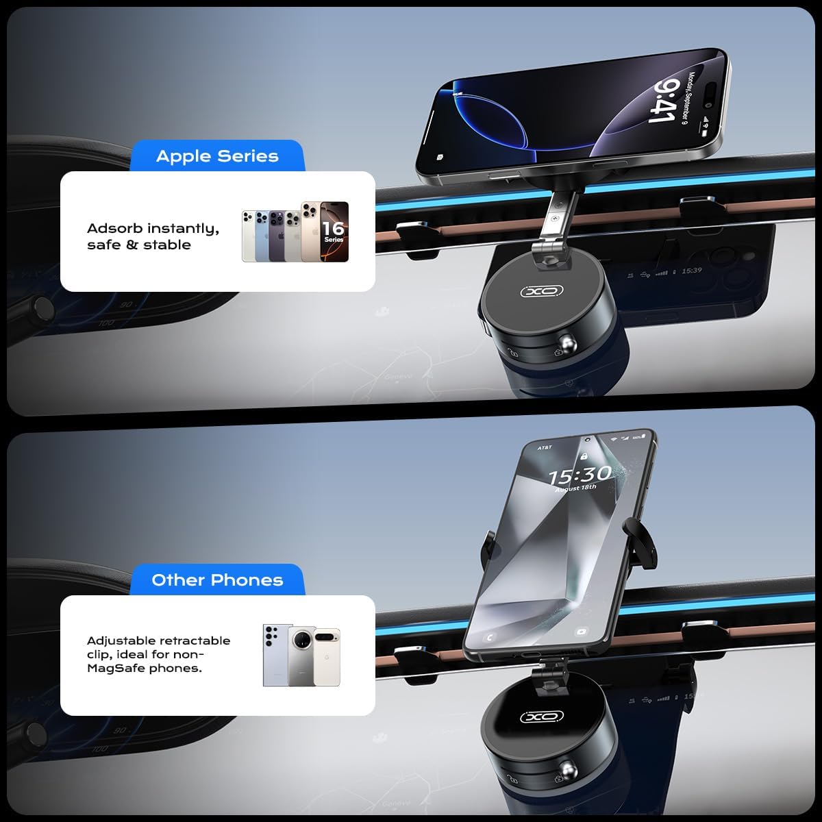 2-in-1 Clip & Vacuum Magnetic Suction Phone Holder,Upgraded 360° Adjustable Suction Cup Car Phone Mount,Hands-Free Cell Phone Holder for Car/Gym/Smooth Surface,Compatible with iPhone & Android Phones