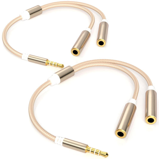 3.5mm TRRS Splitter for 2 Headphones 1FT 2-Pack, Audio & Mic, 3.5 mm Aux Jack Cable 1 in 2 out, Dual 1/8" Stereo Female Adapter, Double Headset Split Y Cord 2 Way for Phone/Tablet/Laptop/PC/MP3, Gold