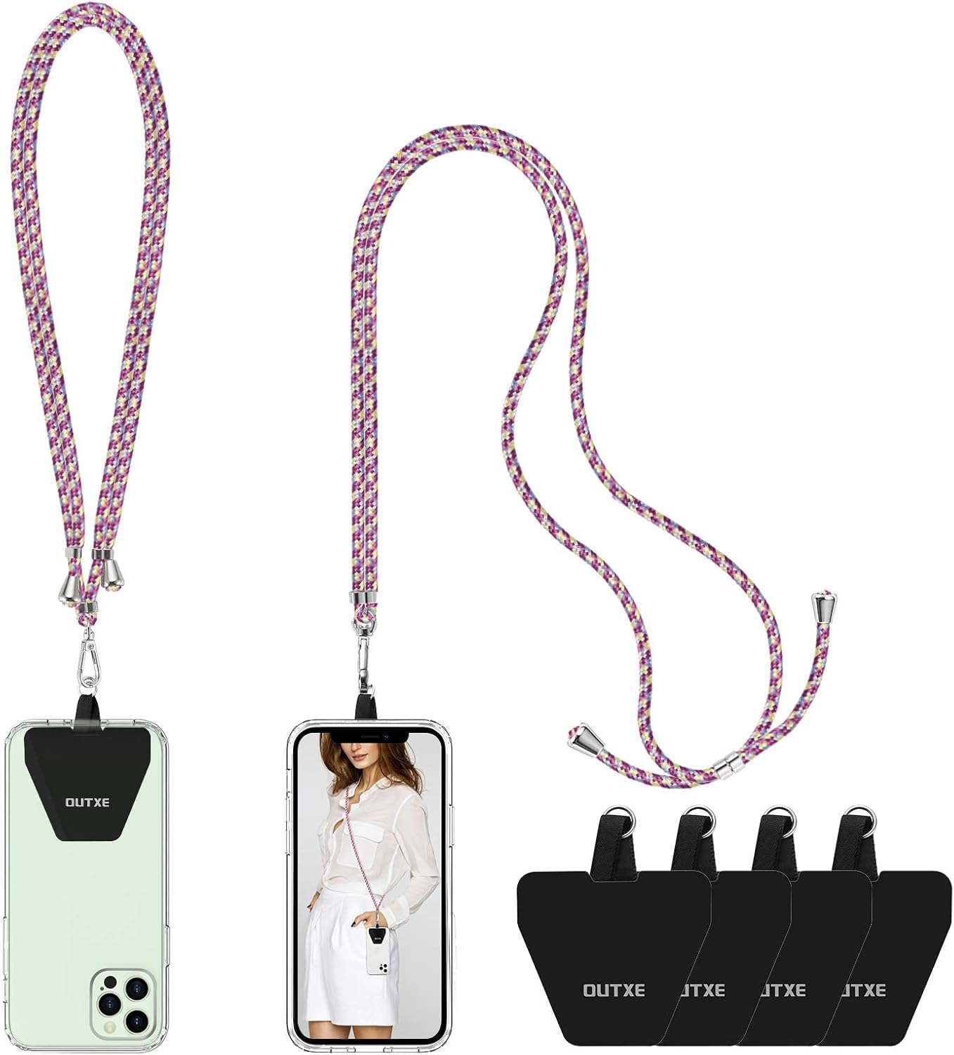 OUTXE Phone Lanyard 2 Packs - 2× Adjustable Neck Strap, 4× Phone Patches- Purple