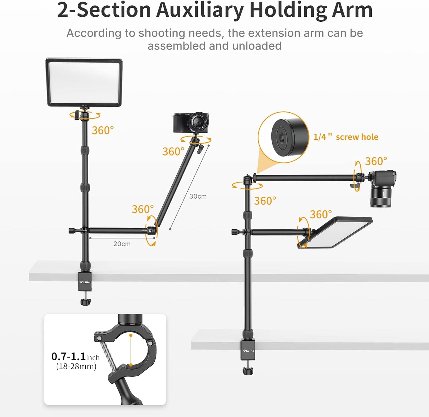 PICTRON LS11 Camera Mount Desk Stand with Auxiliary Holding Arm, Flexible Overhead Camera Webcam Table C-Clamp Multi Stand for Photography Videography Live Stream