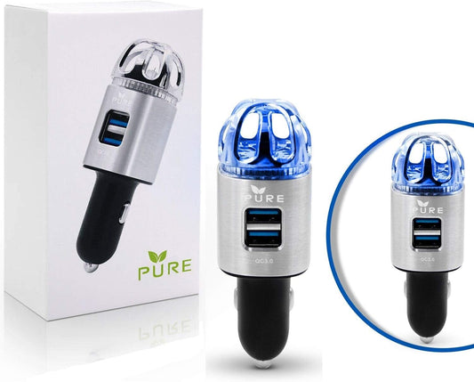 Car Air Purifier 3in1 Premium Stainless Steel Air Filter Ionizer w/Dual USB Quick Charge 3.0 USB-Eliminate Allergens Odor Smell, Smoke, Pets, Pollen Mold Bacteria w/Anti-Microbial Deodorizer (Silver)
