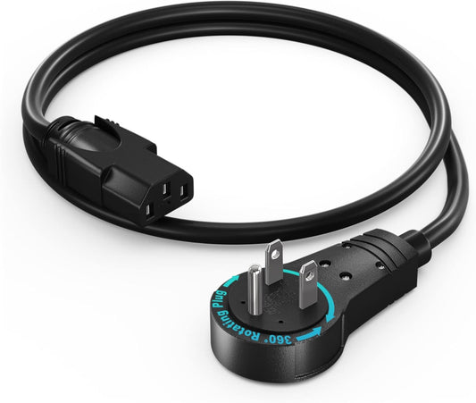 Maximm Monitor Computer Power Cord 1 Ft Flat Plug 360° Rotating PC Cable 3 Prong for, Desktop, Printer, Scanner, 16 AWG NEMA 5-15P to IEC13 - UL Certified