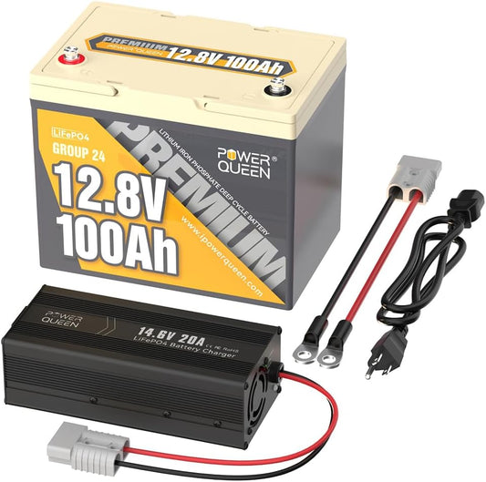 Power Queen 12V 100Ah Group 24 LiFePO4 Lithium Battery with 12V20A Charger, Deep Cycle Battery 100A BMS, Max 1280Wh Energy, Up to 15000 Cycles for RV, Solar, Trolling Motor & Camping