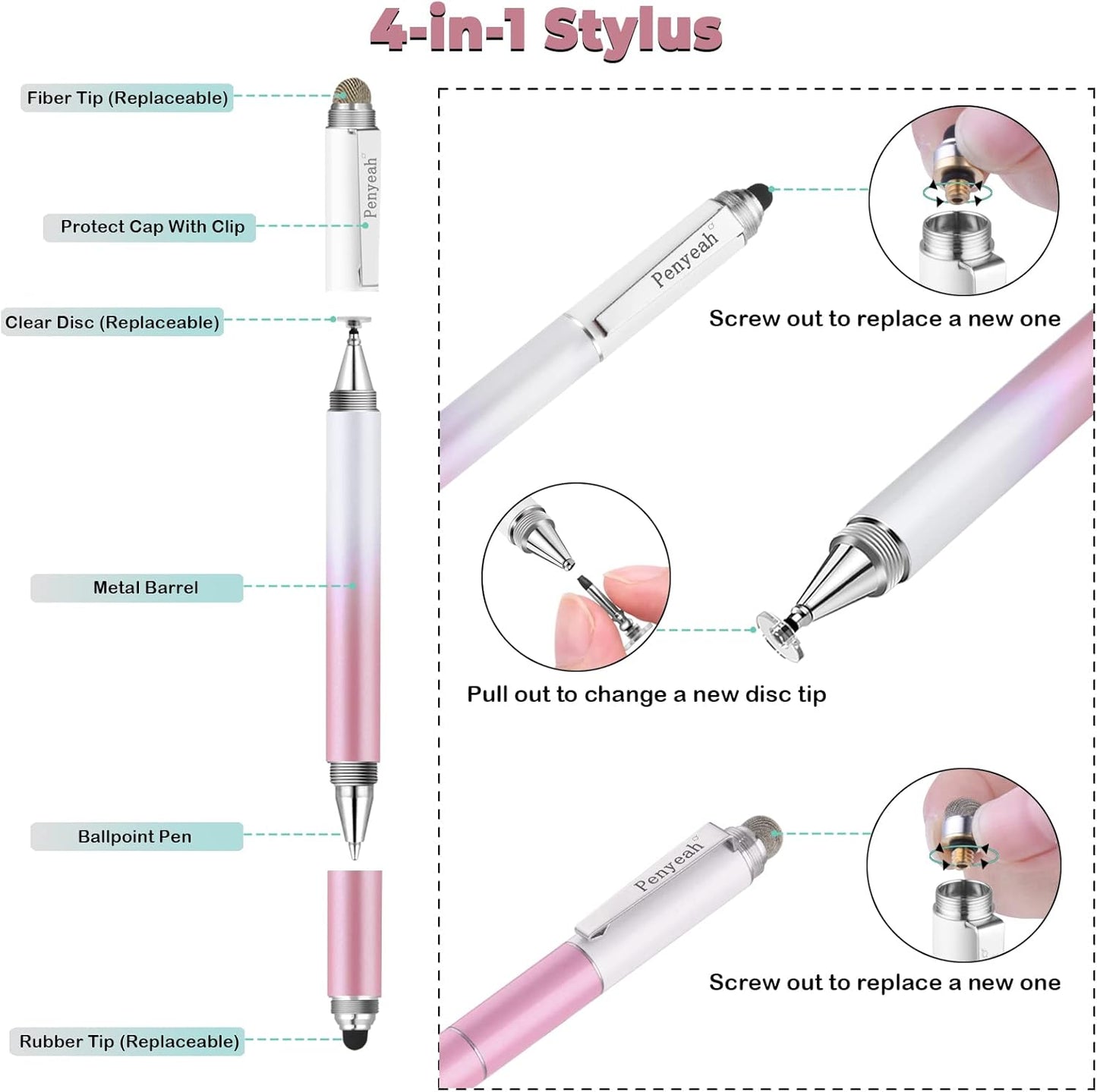 Penyeah Stylus Pens (4 in 1), Universal Phone/Tablet Stylus for iPhone/iPad/Pro/Mini/Android/Samsung/Fire and All Capacitive Touch Screens - Dream Pink