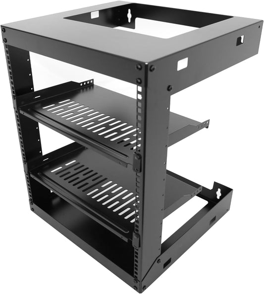 6U Wall Mount Open Frame 19 Inch Server Equipment Rack Wall Mountable Heavy Duty Design - Holds All Networking & AV Gear - Open Frame Includes 2 1U 12in Vented Shelves & Mounting screws (WALL RACK 6U)