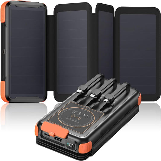 Solar-Charger-Power-Bank-49800mAh, 20W Fast Charging Portable Charger with Built-in 3 Cables & 4 Solar Panels, USB C Solar Battery Bank with LED Flashlights for Smartphones, Tablets
