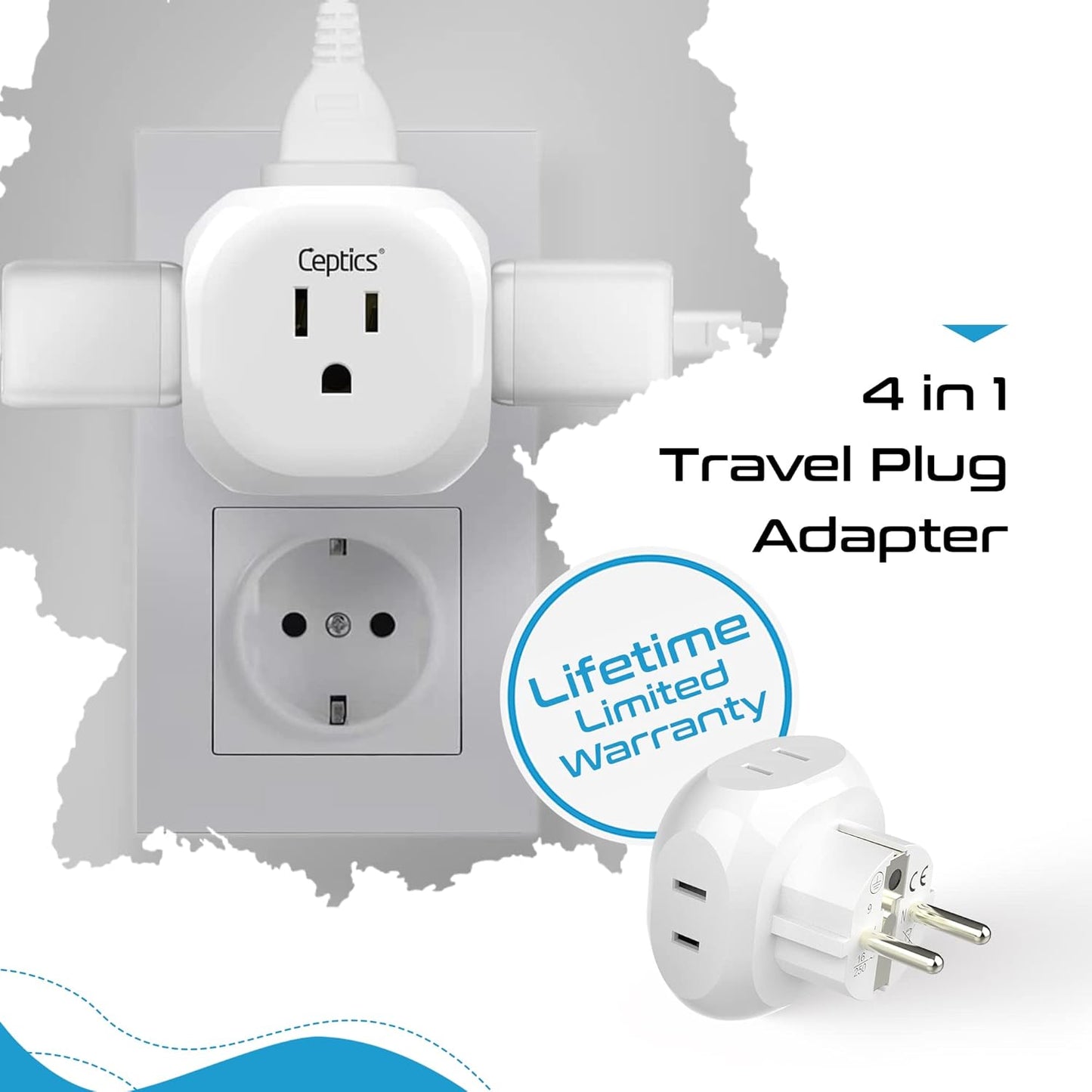 Ceptics European Schuko Travel Plug Adapter Germany France Adapter Charger 4 Input - USA to Any Type E/F Countries Such as Germany, France and More - 2 Pack (PT-9), White