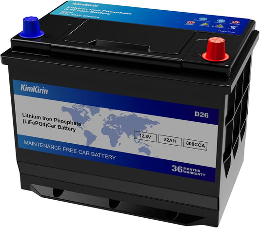 XINGCELL Kim Kirin12.8V 52Ah LiFePO4 Car Battery Group 24/D26 – Lithium Iron Phosphate Deep Cycle Battery with 800CCA High Cranking Power for Start-Stop Cars RV Marine Solar