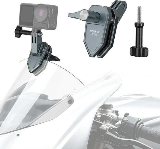 NEEWER Motorcycle Windshield Action Camera Clamp Mount, Aluminum Alloy Clip with 3 Prong Adapter & 1/4" Screw Hole Compatible with GoPro Hero 13 12 DJI Adapters for POV Video Recording, AC032