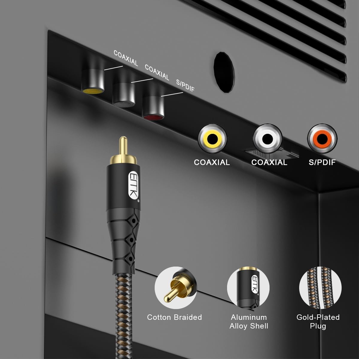 EMK RCA to RCA Subwoofer Cable – 24K Gold-Plated Connector Nylon Braided Double Shielded Audio Cable Digital&Analog Signal Support for Amplifiers Subwoofer Home Theater Hi-Fi Systems Black/6.6ft/2m