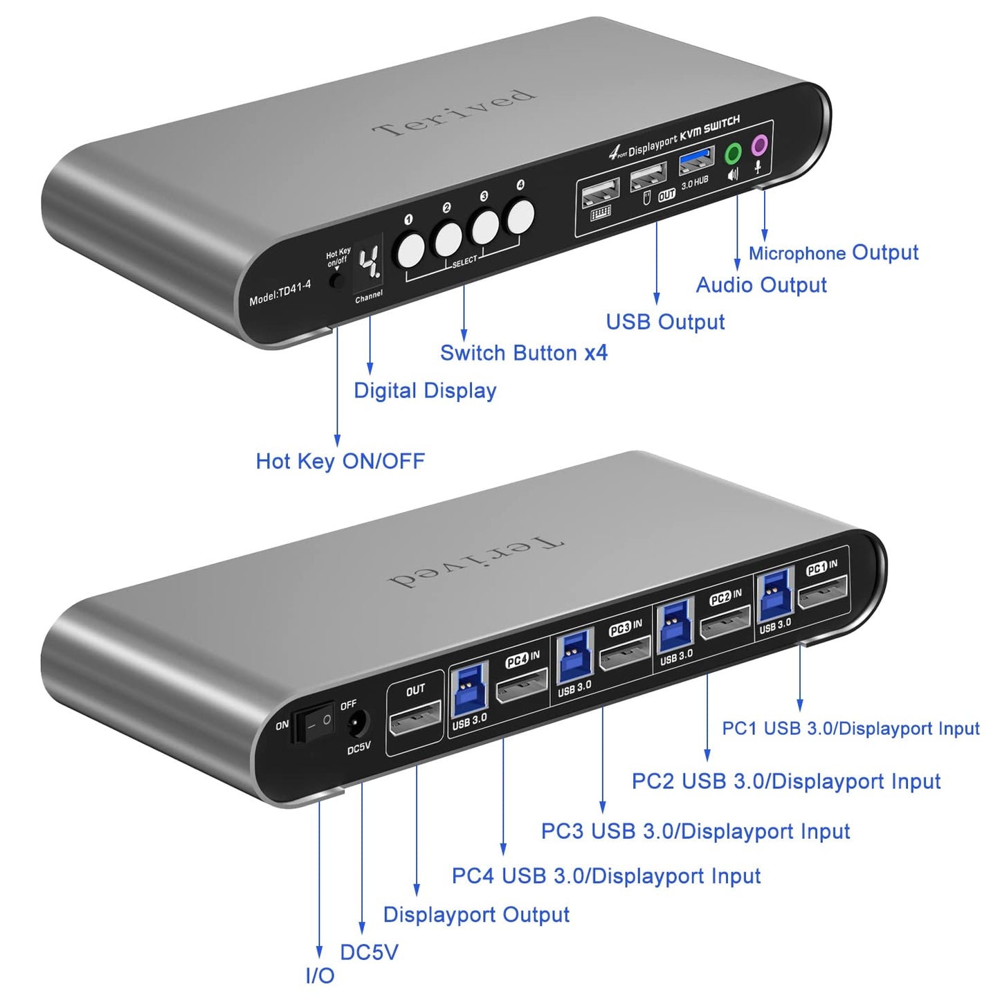 4 Computers 1 DP Monitor Automatic KVM Switch 4K@144Hz 8K30Hz with Complete Cable Set, Hotkey Switching, Support Audio Microphone and USB Hub, Aluminum Alloy Shell, Digital Display, HDR10