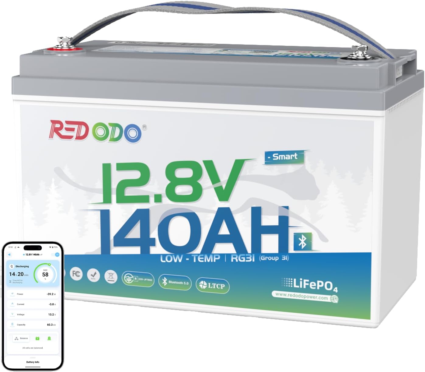 Redodo 12V 140Ah LiFePO4 Battery Group31, 10-Year Lifespan, 150A BMS & Bluetooth Monitoring, Ideal for RVs, Solar, Marine, Boat, Solar and Off-Grid