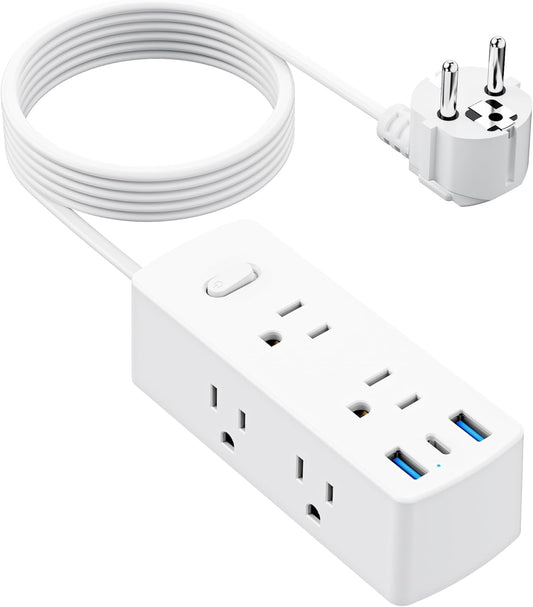 European Travel Plug Adapter, Olcorife US to Europe Type E/F Plug Adapter, International Power Strip with 6 Outlets and 3 USB(1 USB-C), 5 FT Cord for Germany France Iceland Spain