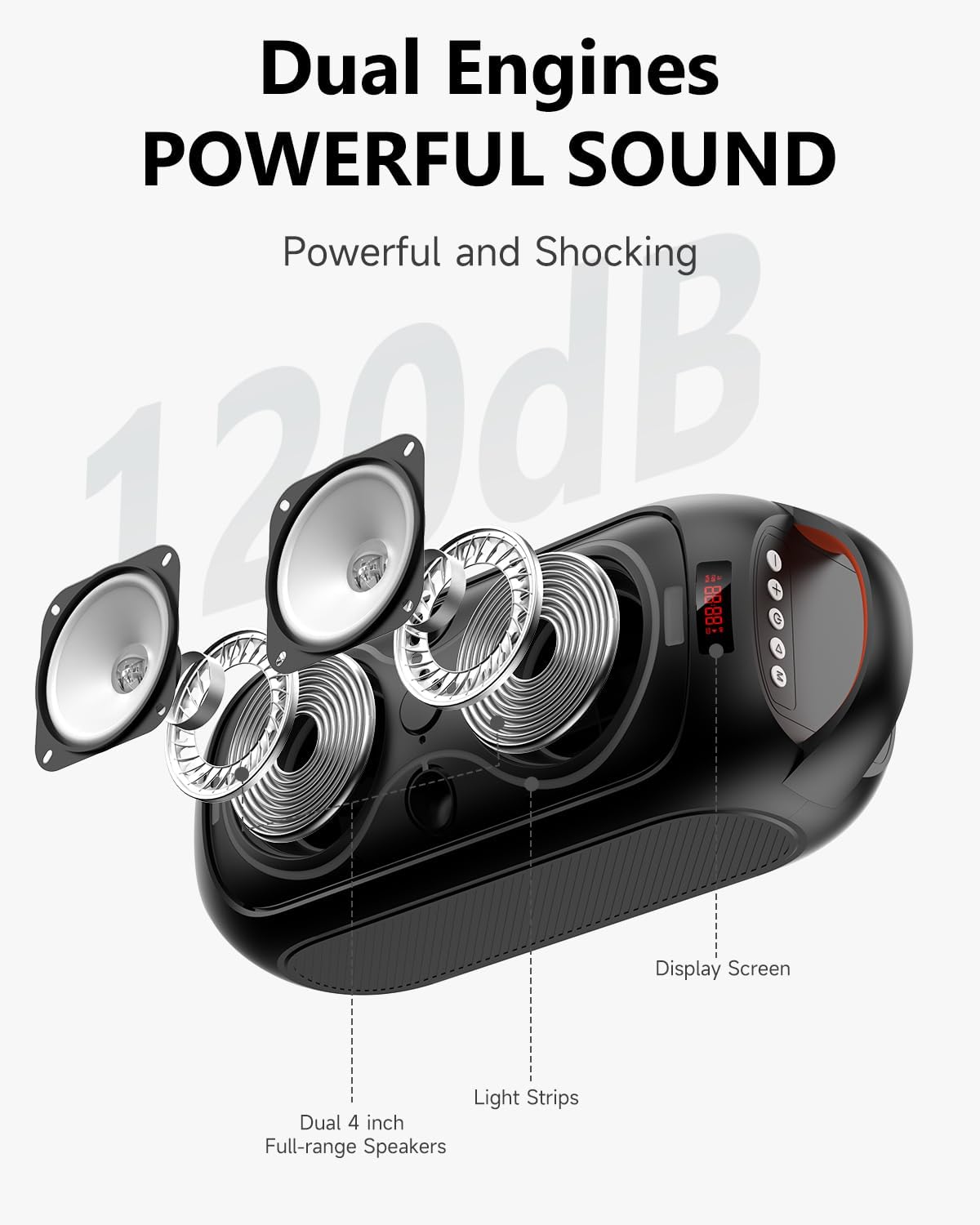 Portable Bluetooth Speakers with 120dB Loud Sound|Beat-Driven Light Show, 5 RGB Modes, Bluetooth 5.3, USB/TF/AUX/FM/Mic Input/TWS | Portable for Party, Camping, Tailgating, Backyard, Indoor Gatherings