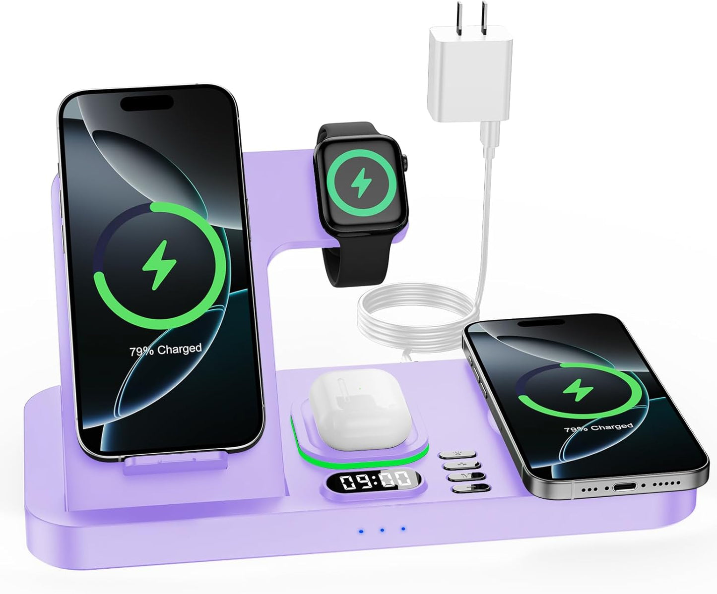 Dual Phone Wireless Charging Station for Apple Devices, Magnetic Charging Station for iPhone with Auto Switch 7-Color Light&Clock,Family Watch Charger for iPhone17 for iWatch10 for AirPods Pro3(Purple