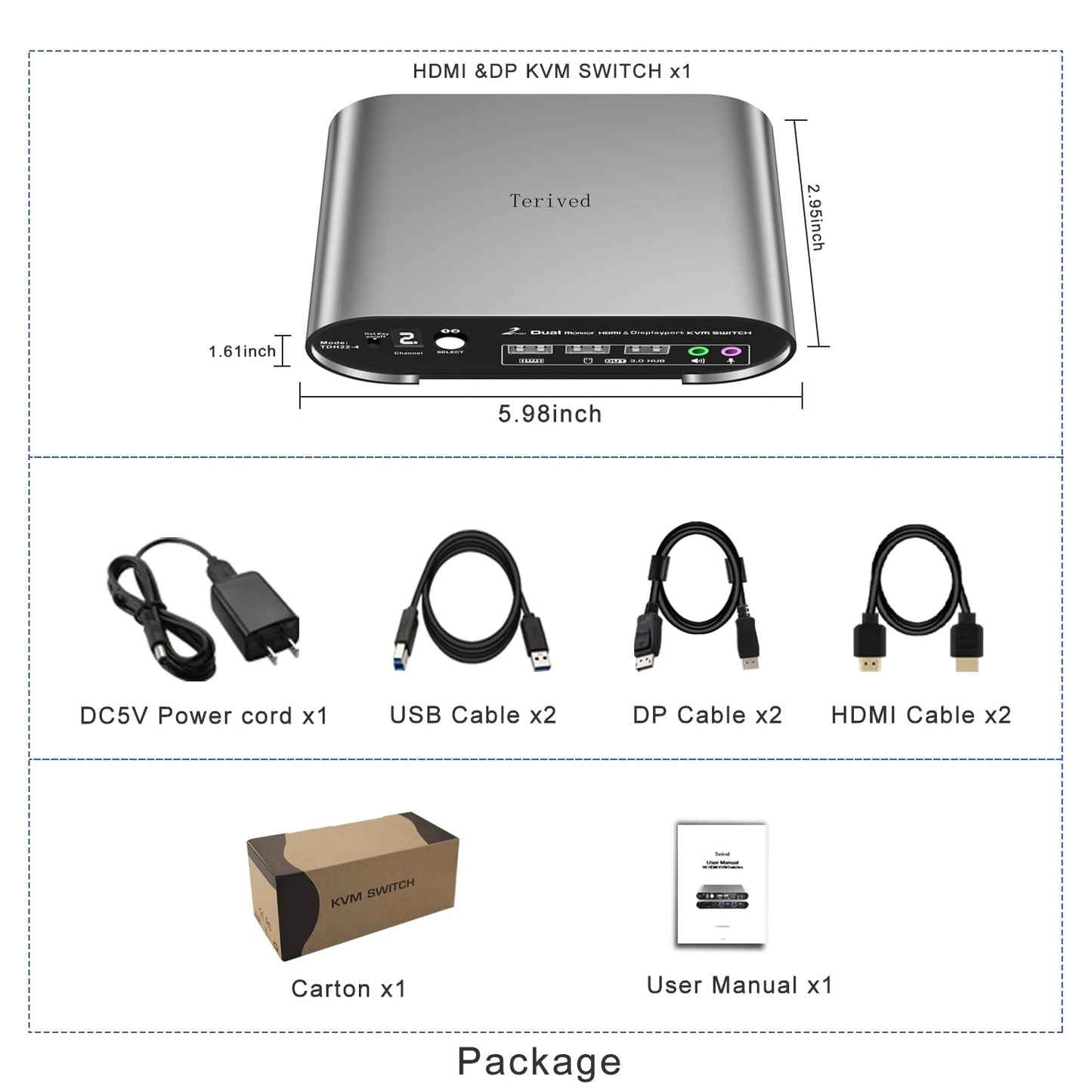 2 Computers 2 Monitors (HDMI + DP) Automatic KVM Switch, 4K@144Hz, 2K@240Hz, Hotkey Switching, Audio and Microphone Output, Aluminum Shell Digital Display, HDR10 with Cables