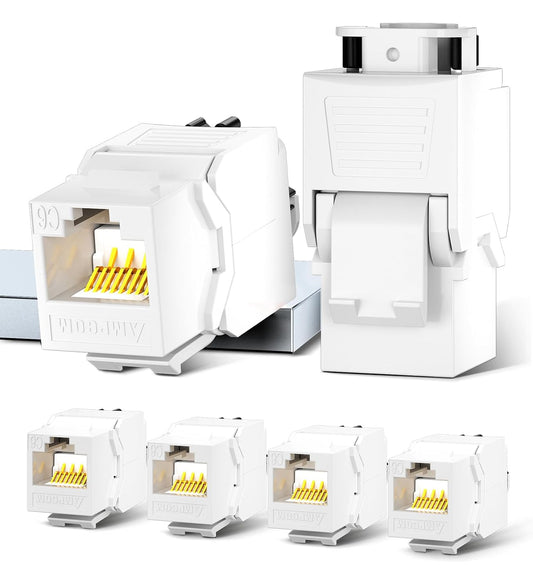 AMPCOM CAT6 RJ45 Keystone Jack - Reusable UTP Ethernet Wall Jack with Adjustable Ratchet Lock Design, No Tool and Zip Tie Required - 50u Gold Plated - White (6-Pack)