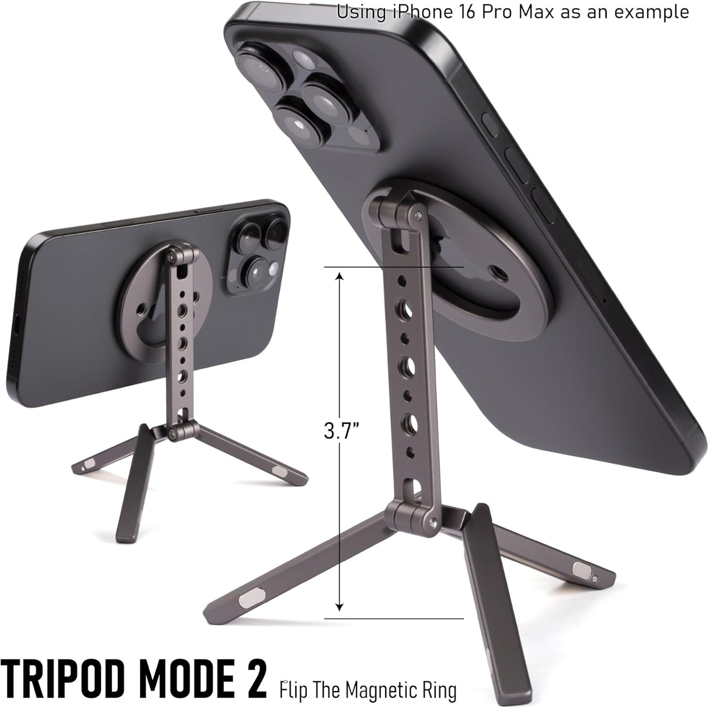 Magnetic Tripod for iPhone 12/13/14/15/16 & MagSafe Cases | Handy Phone Stand | 20 N52 Magnets Inside, Cold Shoe Mount, 1/4" Screw & Foldable Hook