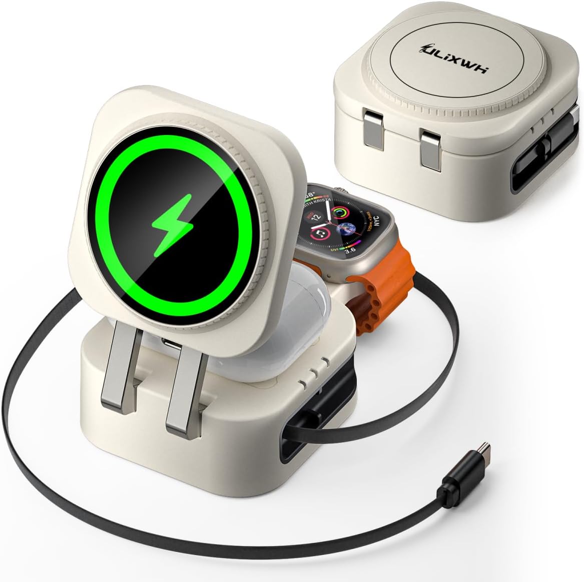 2025 Retractable 3 in 1 Charging Station for Apple,15W Fast for MagSafe Magnetic Wireless Charger with Retractable Cable, Foldable Travel Stand for iPhone 16 15 14 13 12 Pro Max iWatch Airpods