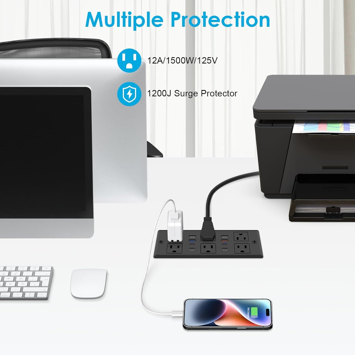 Recessed Power Strip with PD 30W Fast Charging, Conference Desk Flush Mount Outlets Plug in 6 Outlets & 8 USB Ports,3FT Cord Furniture Drawer Outlet Black