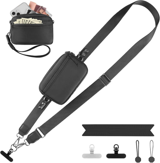 Clip and Go Strap for Phone with Wallet Crossbody, Adjustable Phone Lanyard with Detachable RFID Wristlet Wallet, Universal Phone Strap with 360° Rotatable Phone Tabs for All Phones (Black)