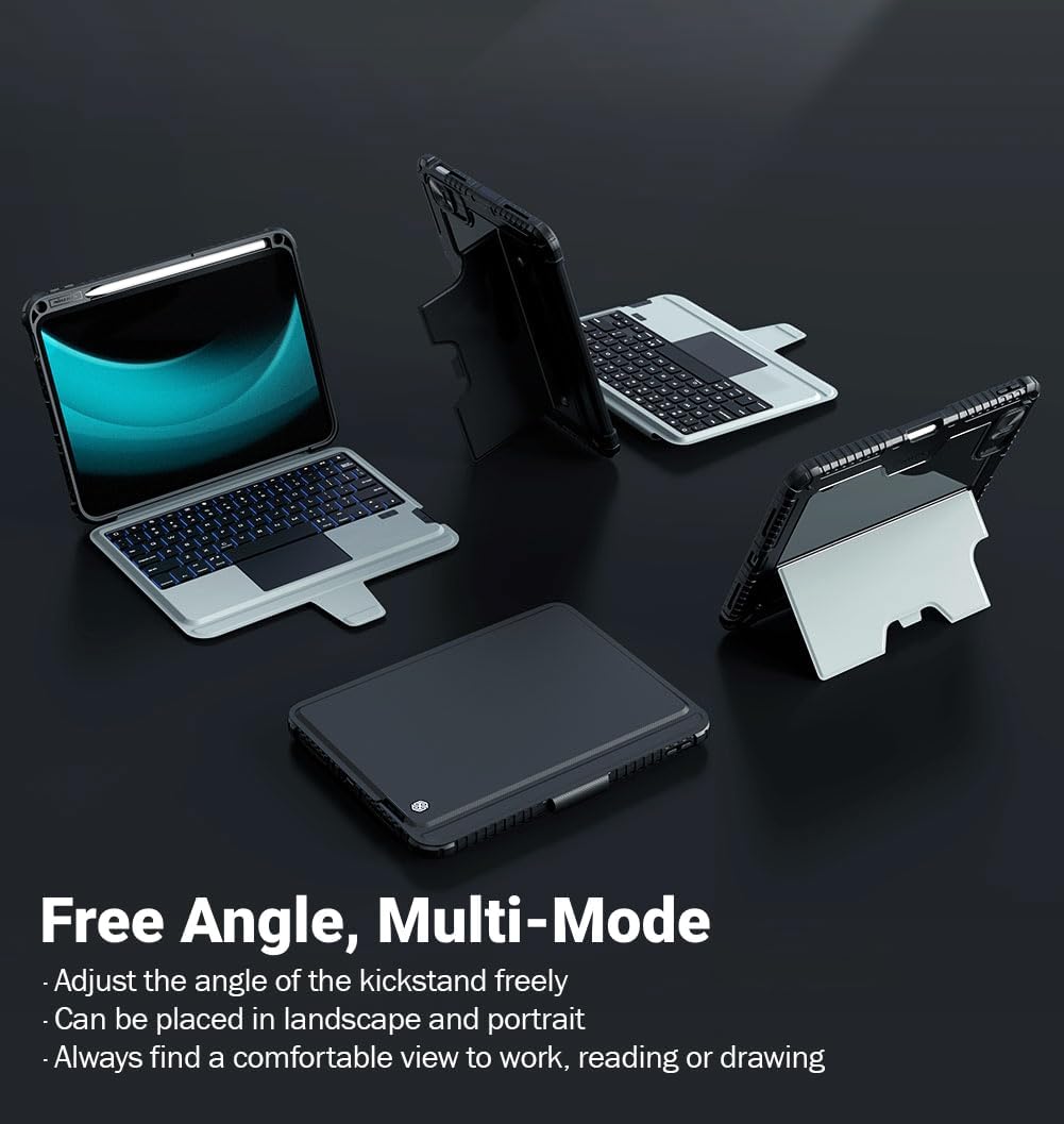 Nillkin iPad A16 (11th Gen) / 10th Gen Case with Detachable Keyboard, Magic Trackpad, 7-Color Backlit, Portrait/Landscape Modes, Rugged Keyboard Case for iPad 11th / 10th Generation (2025/2022), Black