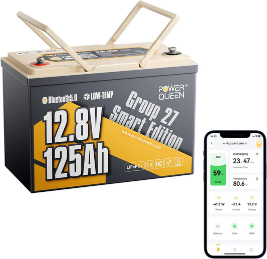 Power Queen 12.8V 125Ah Bluetooth LiFePO4 Battery, Group 27 Size &1600Wh Energy, Deep Cycle Lithium Battery with Low-Temp Cut Off, Perfect for RV, Marine, Off-grid, Solar System, Backup Power
