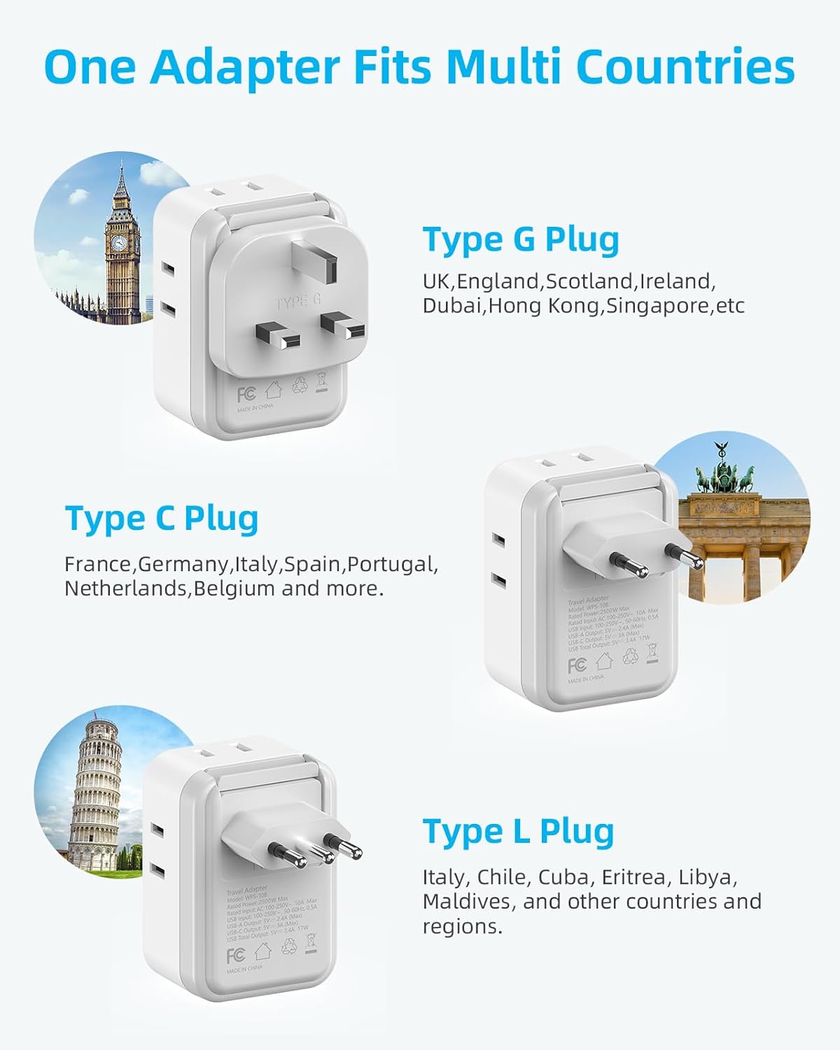 European Travel Plug Adapter USB C, US to EU/UK Plug Adapter- 4AC Outlets 4 USB Charger, International Power Adaptor kit Include Type G/C/L for American to England Italy France Germany Greece