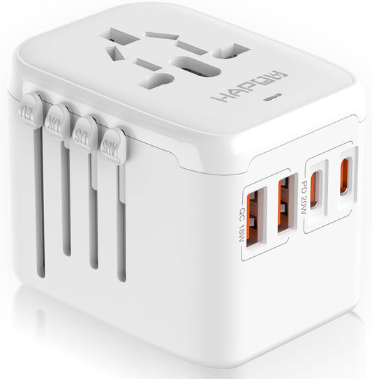 Universal Travel Adapter, PD20W International Power Adapter, 2 USB-C & 2 USB-A Fast Charging Travel Charger, All in One Worldwide Travel Plug Adapter, Outlet Adapter for EU UK USA AU, White