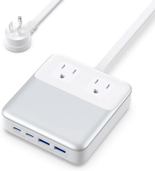 USB C Charger Block,135W GaN IV Fast Charging Station Hub,6-in-1 USB C Power Strip with Flat Plug and 5ft Cord,2 AC,2 USB A,2 USB C,PD 65W Laptop Charger for MacBook Air/Pro,iPhone16/15,Samsung-White