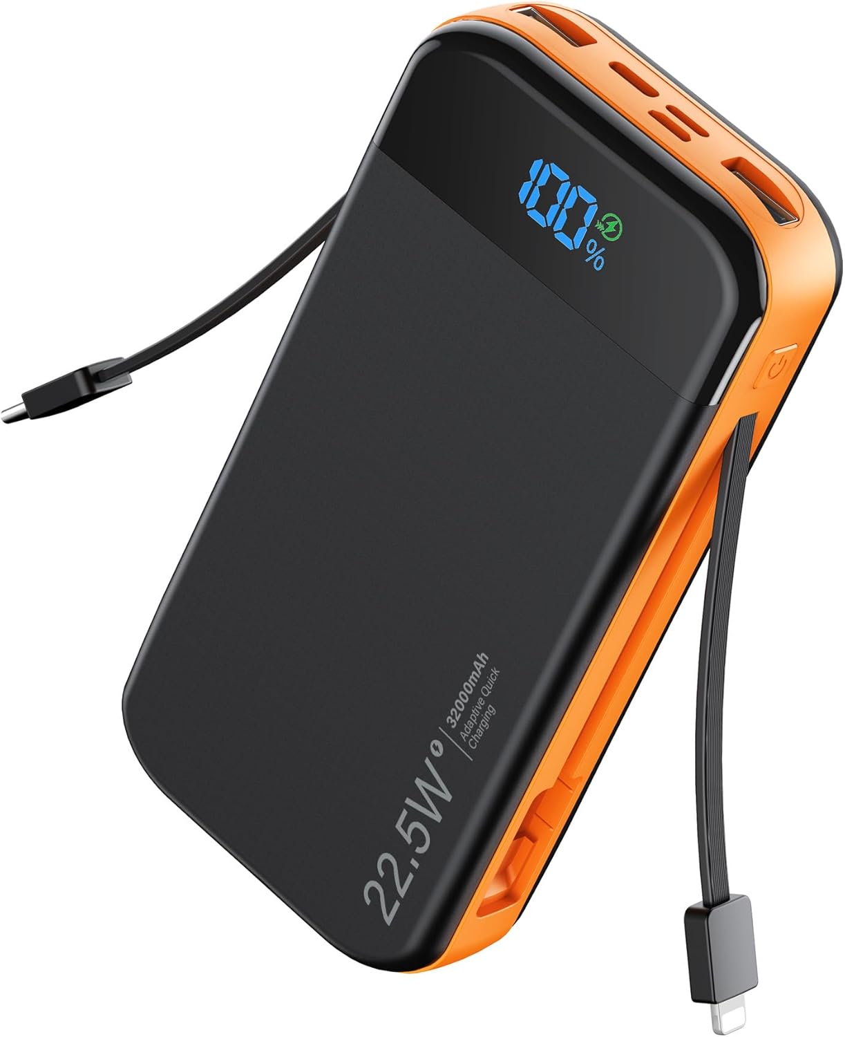 Portable Charger Power Bank 32000mAh with Built in Cables, PD3.0 USB C Fast Phone Charger, 5 Outputs LCD Display Travel Battery Pack Compatible with iPhone, Samsung All Cell Phones (Orange)