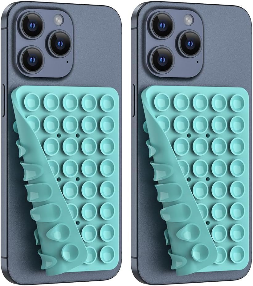 2PACK Silicone Double Sided Suction Phone Case Mount, Detachable Hands Free & Strong Grip Holder for Selfies & Videos, Compatible iPhone Android (Sky Blue, 2Pack 40 Suction Cups)