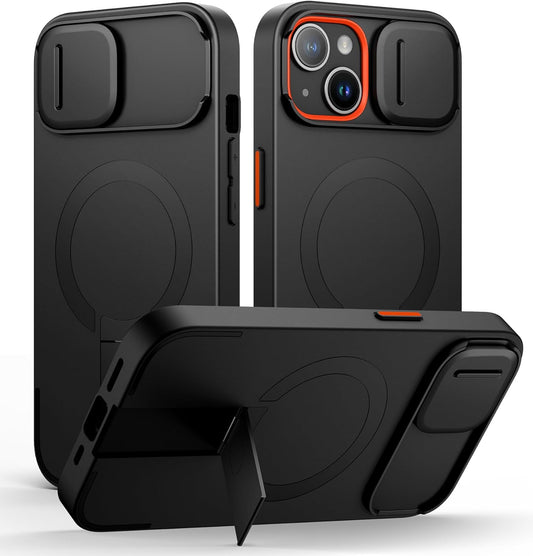 SURITCH for iPhone 13/14 Case with Magnetic Camera Slide Cover and Adjustable Kickstand, Compatible with MagSafe, Shockproof Bumper Case Slim Protective Cover for iPhone 13/14 6.1 Inch, Black