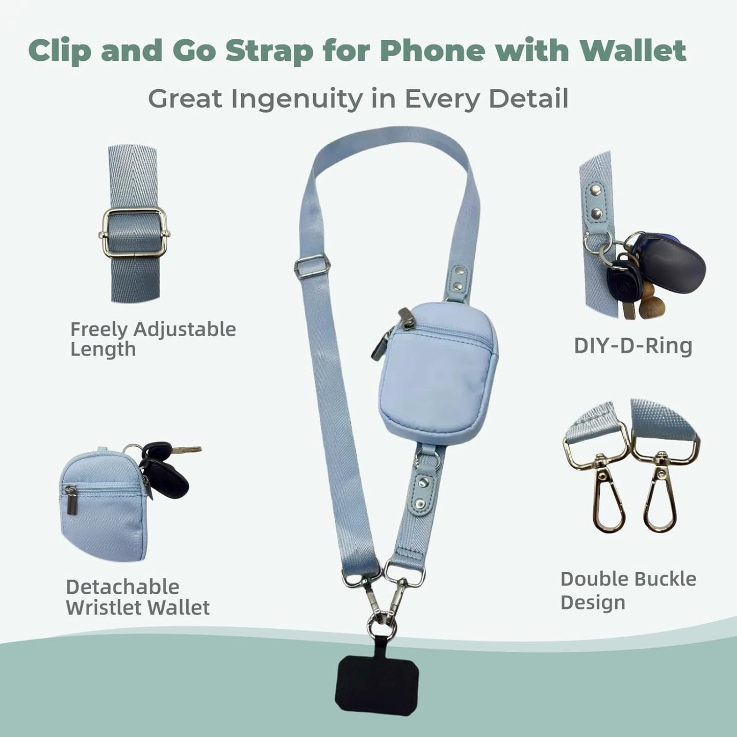 Clip and Go Strap for Phone with Wallet - Adjustable and Detachable Phone Lanyard Crossbody, Wrist Wallet for Home Travel