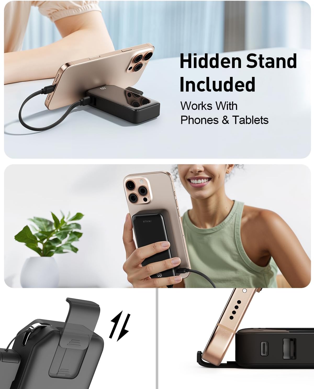 iWALK Portable Charger, Ultra Small 10,000mAh 30W PD Power Bank, USB C in&Out Fast Charging Battery Pack with Stand, Travel Essential Phone Powerbank for iPhone 16/15 Pro Max, Samsung S25/S24 Series
