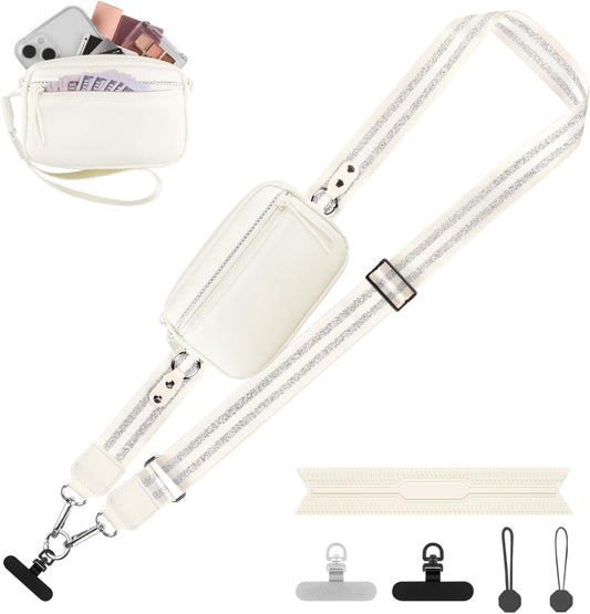 Clip and Go Strap for Phone with Wallet Crossbody, Adjustable Phone Lanyard with Detachable RFID Wristlet Wallet, Pattern Strap, Cream&Silver (M)