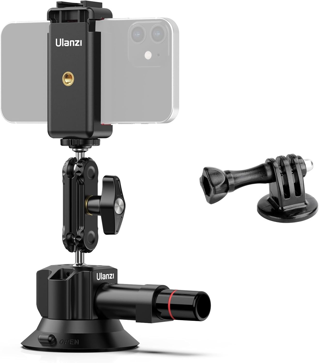 UURig SC-01 Suction Mount 3" for Vlogging Action Camera Car w Smartphone Clamp Compatible with DJI OSMO Pocket 3/OSMO 360/Insta 360 x5/iPhone 16 15 14 13 Pro Max, 1/4" Magic Arm Car Windshield Window