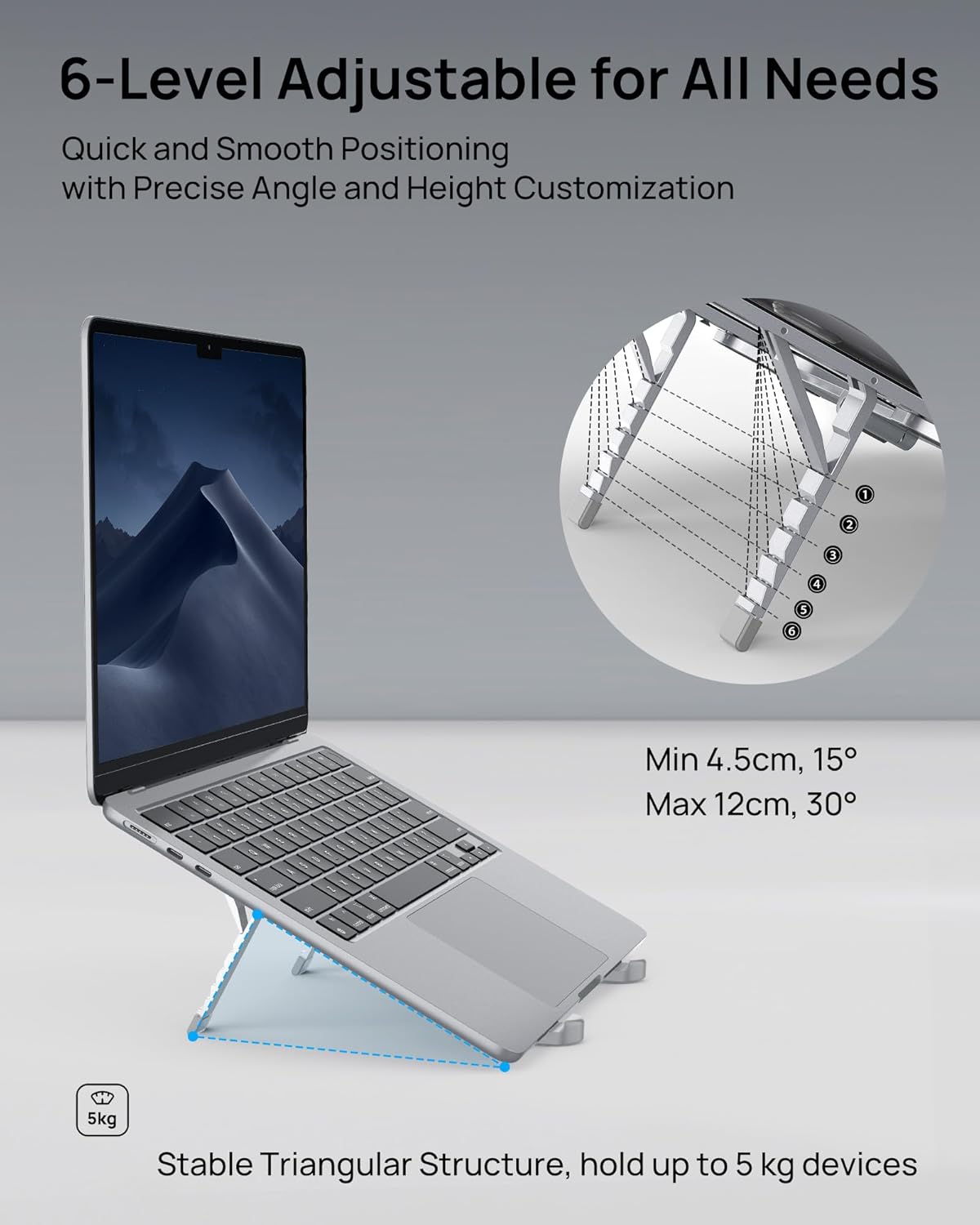 SODI Ultra Compact Foldable Laptop Stand - Portable Laptop Holder for Desk & Travel Use, Ergonomic Aluminum Computer Holder with Adjustable Height for MacBook, Tablet 10-16" (Light Gray, Bi-Fold)