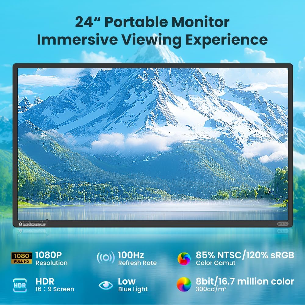 Hyangin 2025 Upgraded 24 Inch Large Portable Monitor for Laptop,1080P FHD 100Hz Portable Screen,120% sRGB IPS Portable Second Monitor with Adjustable Stand for Laptop, MacBook, Phones