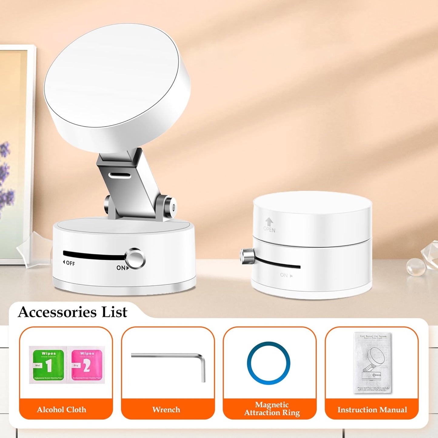 Foldable Vacuum Magnetic Suction Phone Holder,Retractable Magnetic Car Cellphone Holder,Hands-Free Portable Multifunctional Vacuum Suction Phone Mount for Car, Mirror, Gym, Kitchen (White)